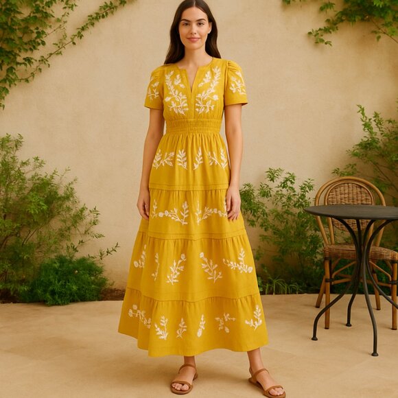 Anthropologie Somerset Maxi Dress Mustard Yellow Embroidered Boho Cottagecore S - Picture 1 of 15